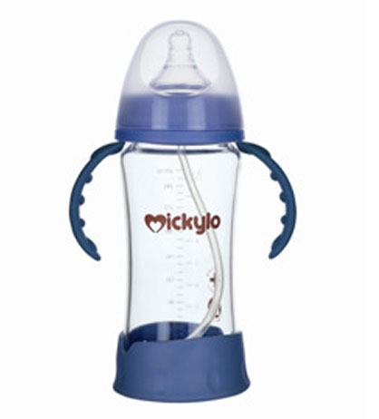 米奇樂(lè)防破晶鉆玻璃寬口自動(dòng)奶瓶260ml